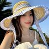 Blue Grid Woven Hat Wide Brim Fisherman Hat Fashion Sun Cap  Summer