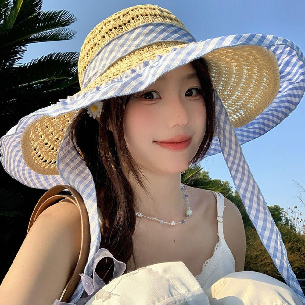 Blue Grid Woven Hat Wide Brim Fisherman Hat Fashion Sun Cap Summer