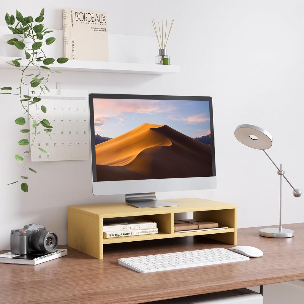 Suporte de monitor/suporte de computador fácil de montar com armazenamento antiderrapante de dois níveis. Design ergonômico para melhor postura. Suporte de monitor de 50 cm de largura, 50x25x1