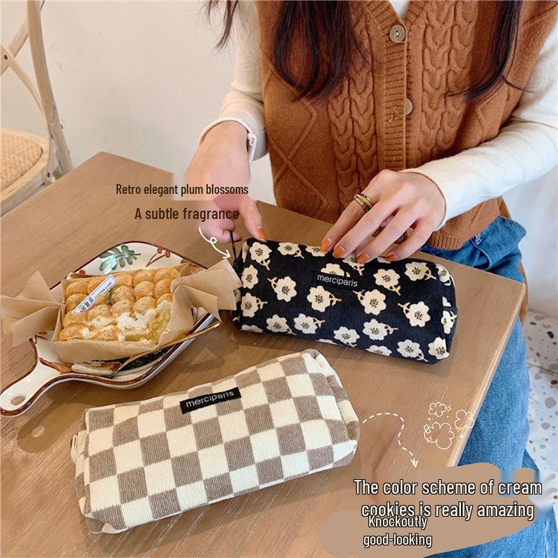 In Stock: 11271 Corduroy Retro Artistic Pencil Case – Japanese Style Student Makeup Bag & Storage Organizer