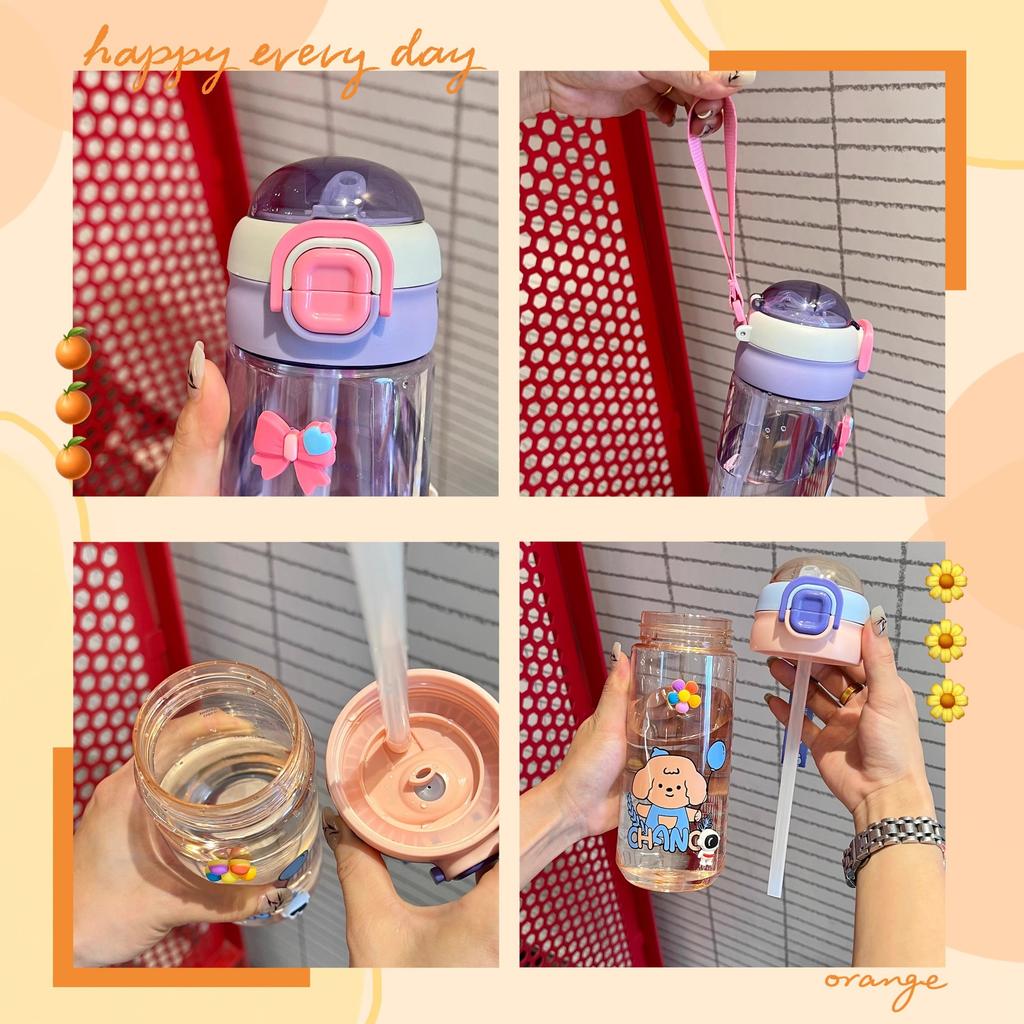 Water bottle summer simple plastic cup cartoon puppy large capacity easy cup cute portable student straw cup Internet celebrity girl