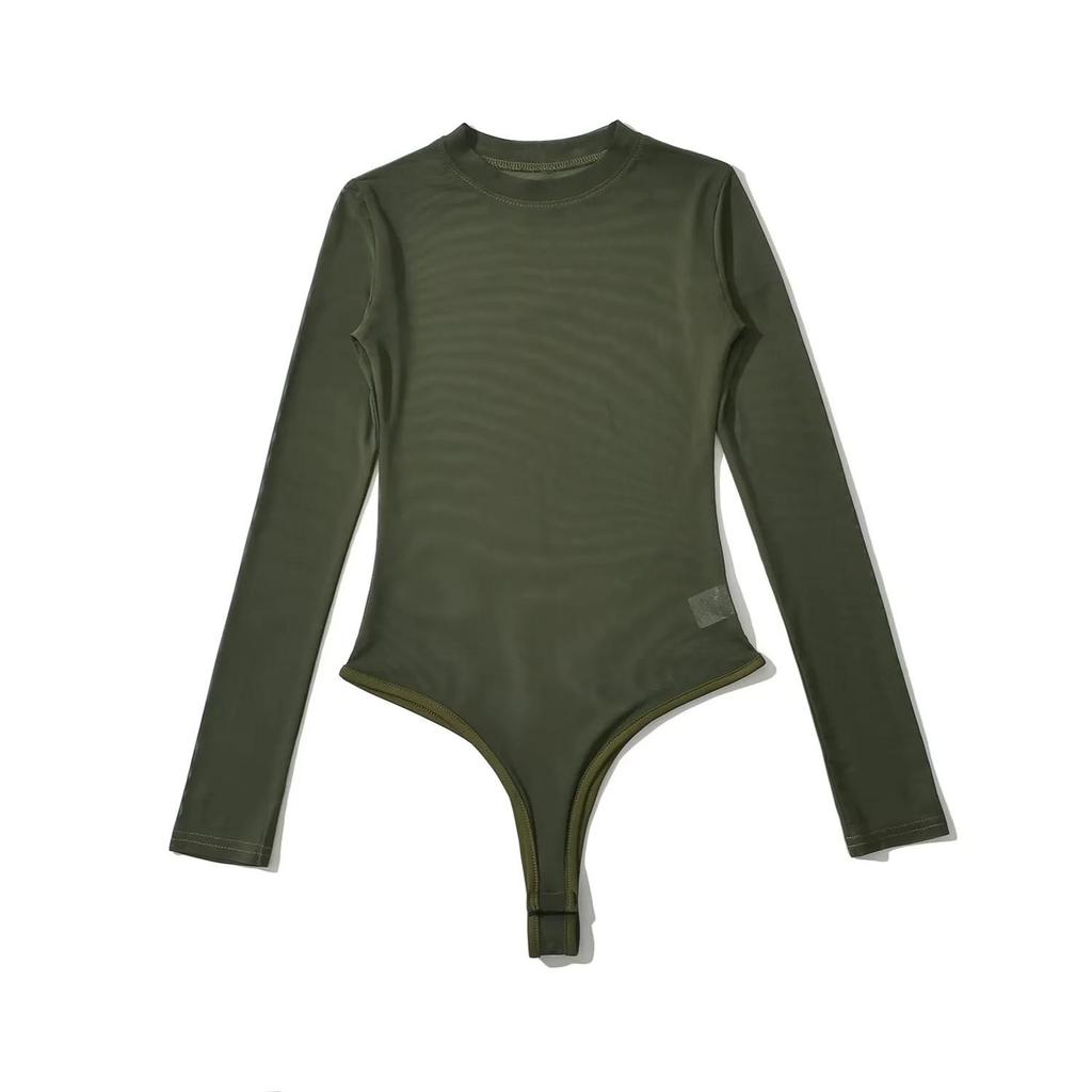 Autumn Women's Slimming Mesh Bodysuit - Sheer Round Neck, Long Sleeve