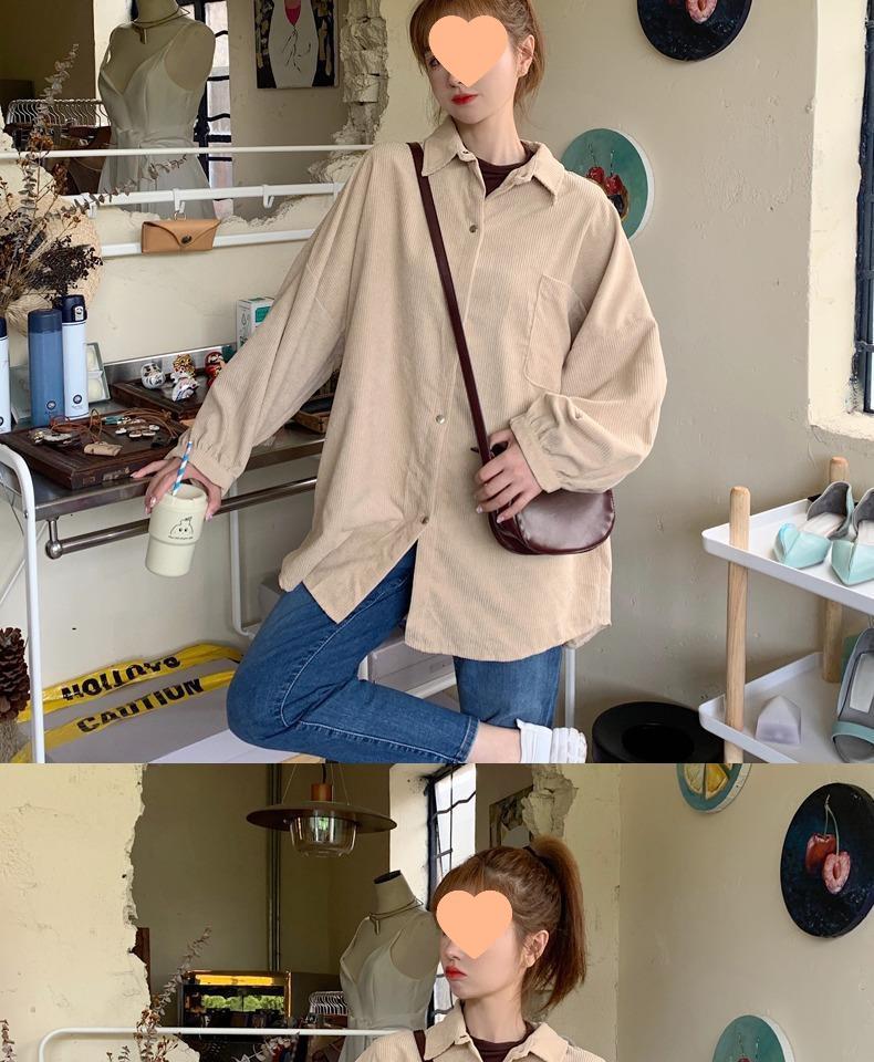 Women's Retro Korean-Style Corduroy Shirt - Long Sleeve, Loose Fit, Hong Kong Chic