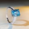 Women's S925 Sterling Silver Aquamarine Ring with Square High-Carbon Diamond