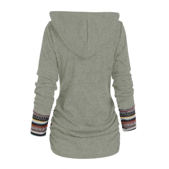 Women Ethnic Style Geometric Stripe Splicing Print Hooded Long Hoodie Sleeve Buttons Decor Mid-length Sweatshirt
