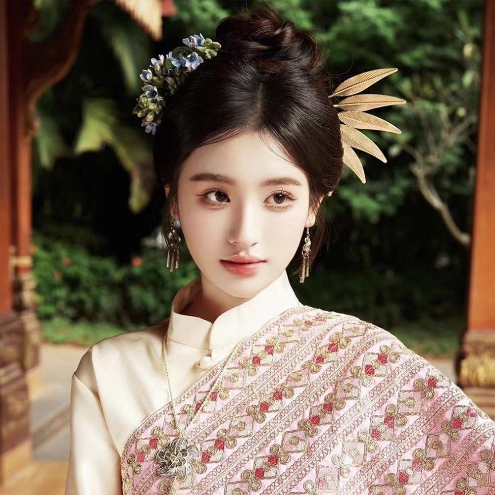 Ancient Thai Hair Sticks Flower U-shaped Hairpin Vintage Thai Metal Leaves Hairpin Women