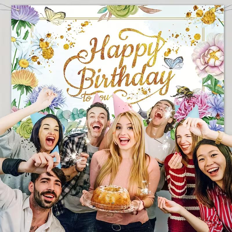 2D Spring Floral Birthday Backdrop, Gold Letter "Happy Birthday To You" Banner, Party Background Cloth