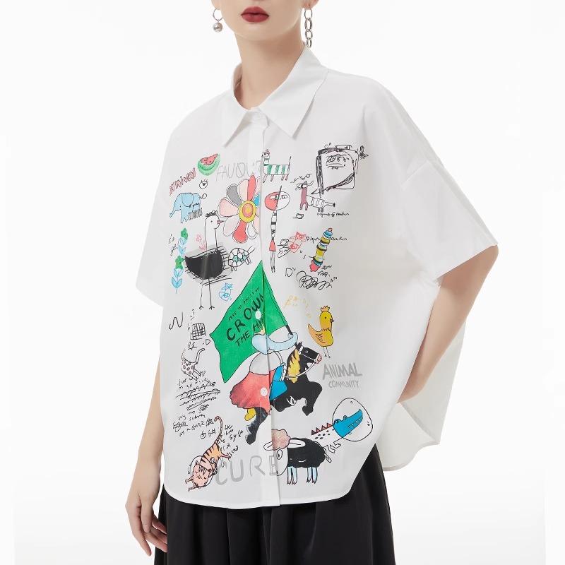 DIMANAF 2024 Plus velikost Nová halenka v letním stylu Vintage Retro design Krátký rukáv Barevný potisk Ležérní košile Ženy Volná košile s potiskem