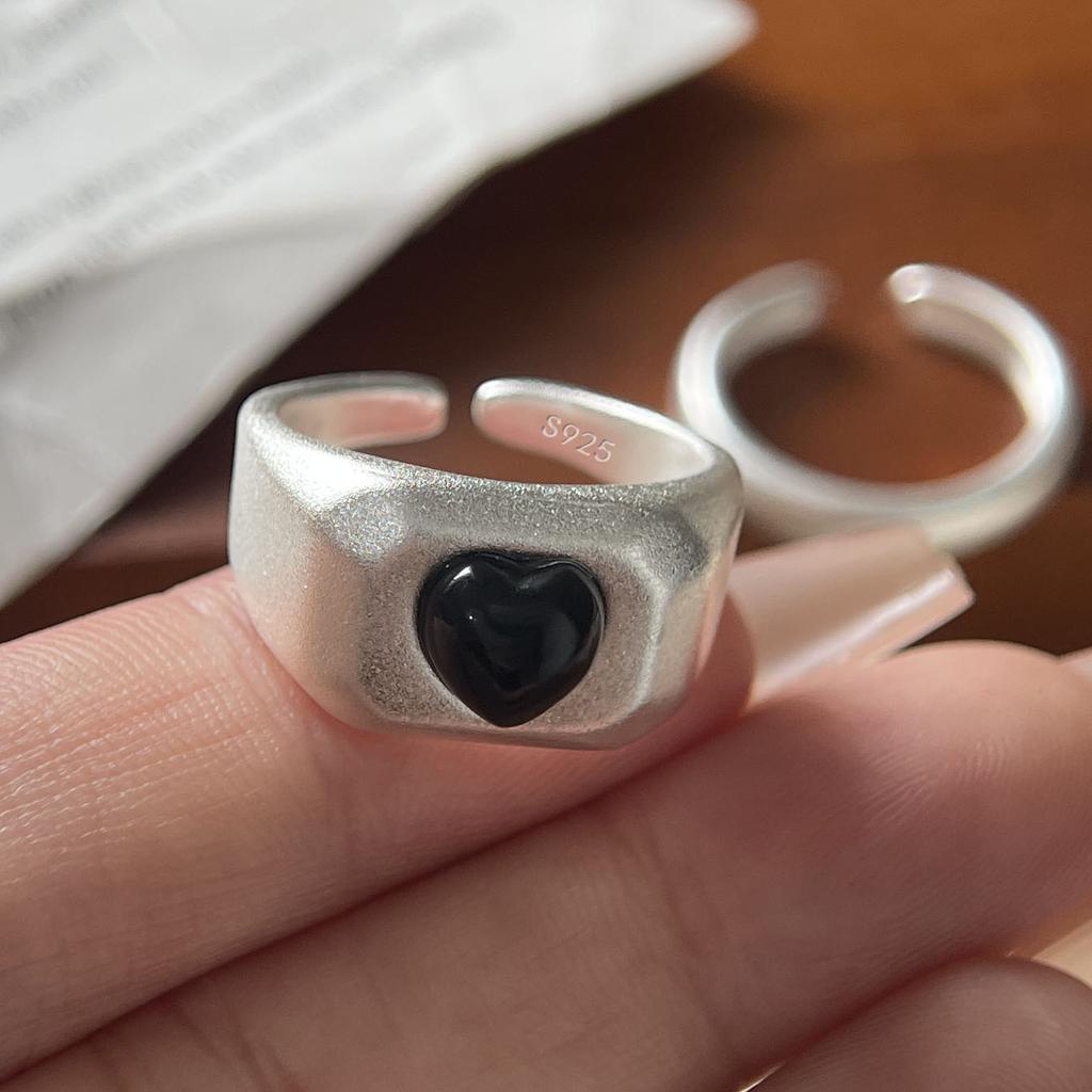 Xiaomi 925 Sterling Silver Rings For Women Geometric Fine Jewelry Finger Adjustable Simple Black Hear Open Ring For Party Birthday Gift