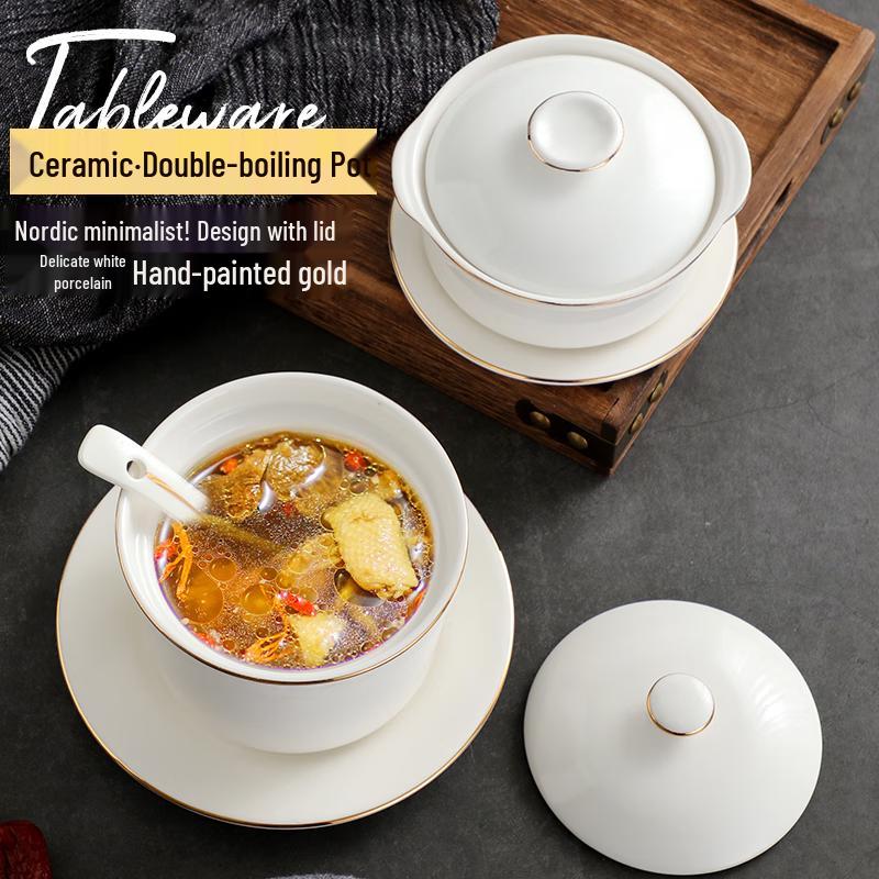 Meiliya Ceramic Double Boiler Stew Pot with Gold Rim