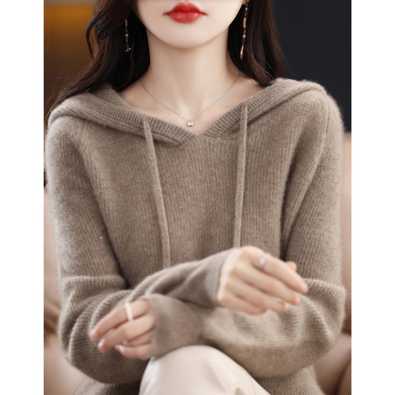 Women's 100% Wool Hooded Sweater - New Autumn/Winter Cashmere Knit Base Layer Hoodie