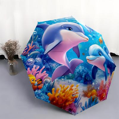 Dolphin and Whale Pattern, Automatic Folding Umbrella, Portable and Foldable Design, 8 Ribs, a Christmas or Birthday Gift.