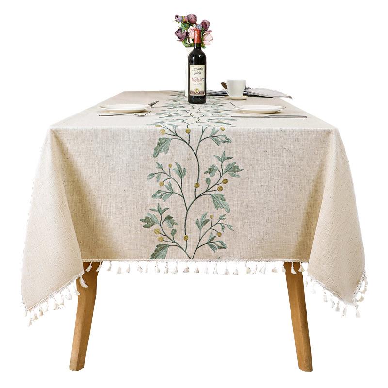 Luxury Embroidered Cotton-Linen Tablecloth with Tassels - Waterproof & Heat-Resistant