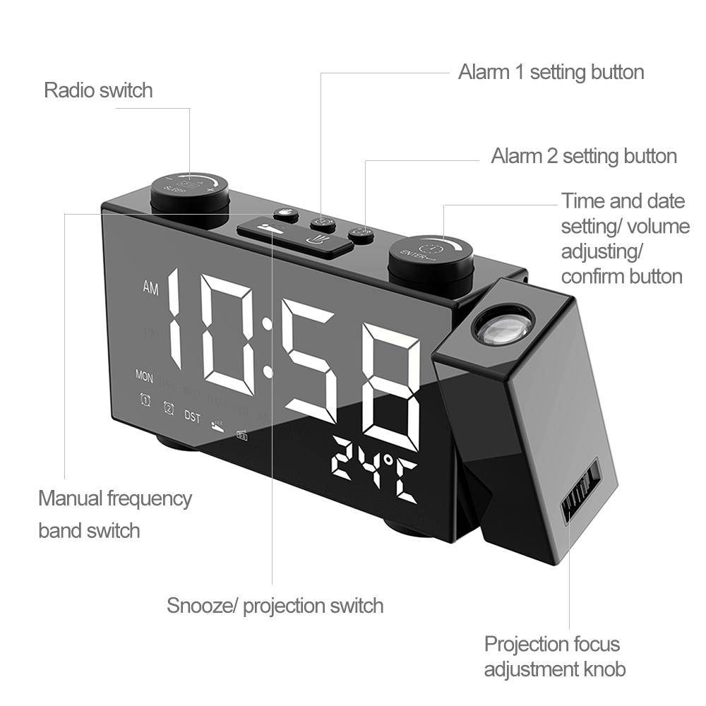 Dijital Çalar Saat Çift Alarmlı Erteleme Fonksiyonlu LED Projektörlü FM Projeksiyonlu Radyo USB/Pille Çalışır