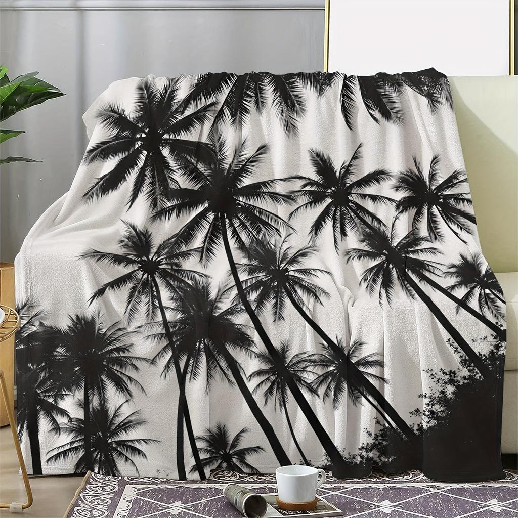 1Pc Black And White Coconut Palm Print Blanket, Polyester Fabric, Machine Washable, Suitable For Bedroom Living Room Decoration