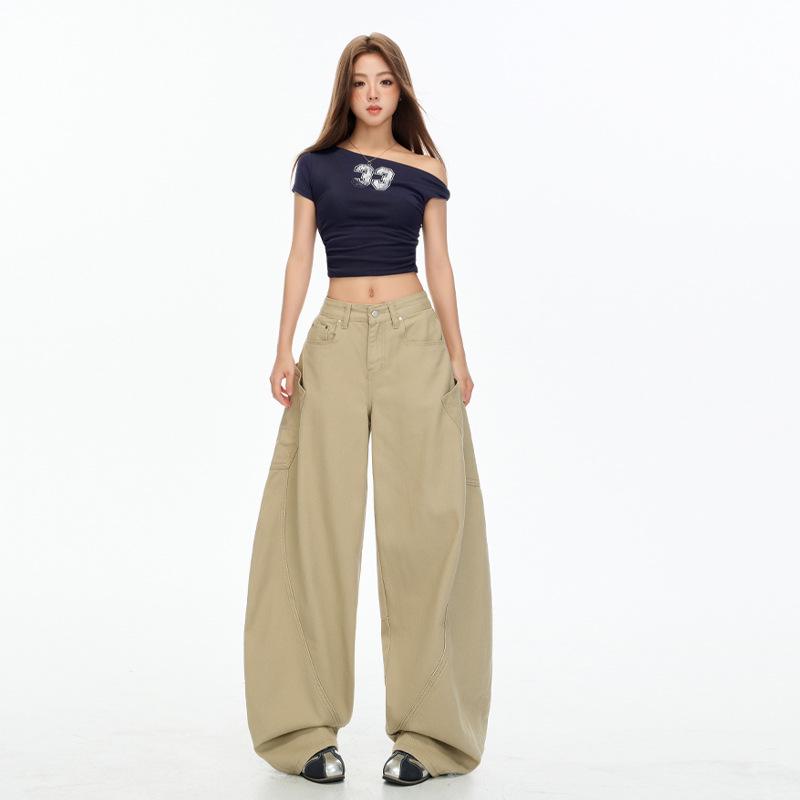 Women's 2025 Khaki American Retro Wide-Leg Bootcut Jeans with Large Pockets