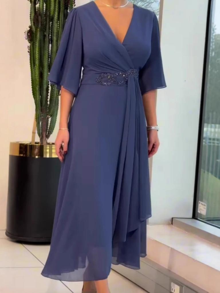Women's New Style V-Neck Ruffled Dress Fashion Solid Color Long Dress Gentle