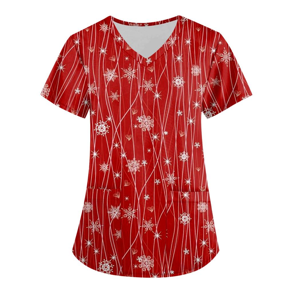 Bedruckte Oberteile für die Arbeitsuniform in Übergröße für Damen, V-Ausschnitt, Weihnachtsdruck, kurzärmlig, lustiges Arbeits-T-Shirt mit Taschen