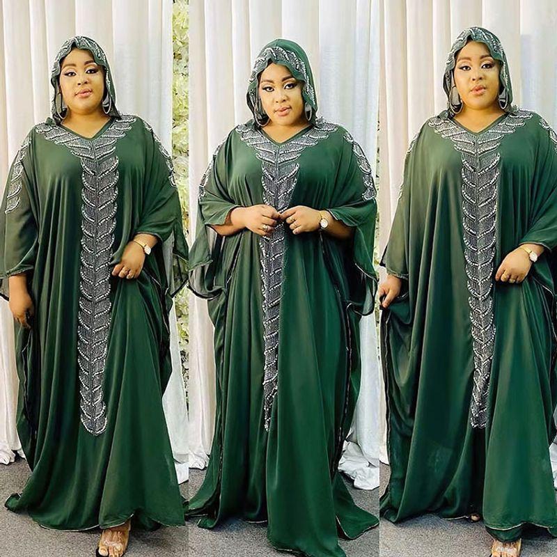 Indonesia European and American Amazon Chiffon Heavy Embroidery Hot Drilling Dress African Long Gown Plus Size Hooded Women Dresses