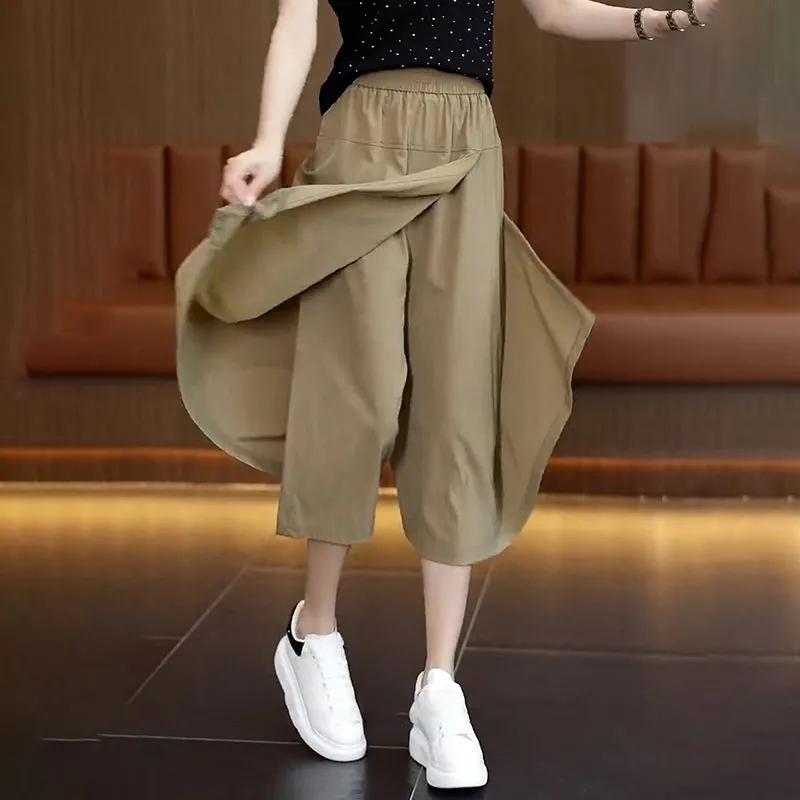 WTEMPO Women Casual Solid Color Loose Cropped Pants Mom Large Size High Waist Loose Wide Leg Pants Culottes