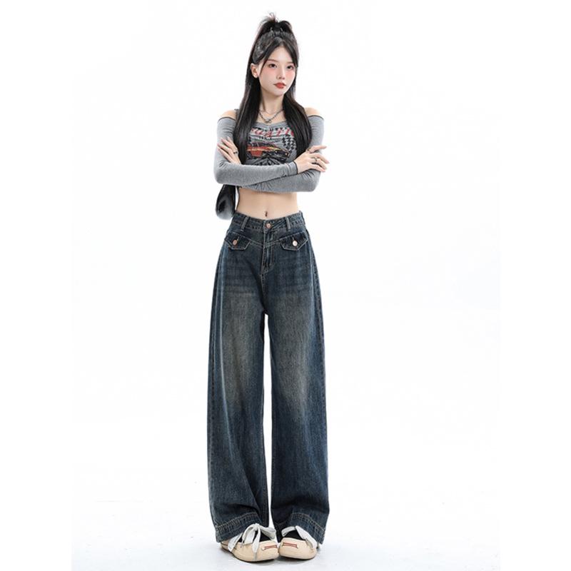 Autumn 2024 Women's High-Waisted Retro Wide-Leg Jeans for Pear-Shaped, Slimming Floor-Length Pants