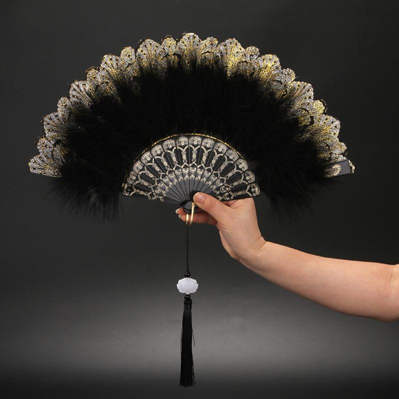 Lolita Feather Folding Fan Japanese Sweet Fairy Girl Dark Gothic Court Dance Hand Fan With Pendant Gift Wedding Party Decoration