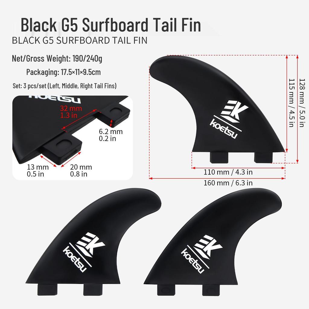 KOETSU SUP Tail Fin: Left & Right Rudders FCS Keel2 for Paddleboard/Surfboard (2nd Gen)