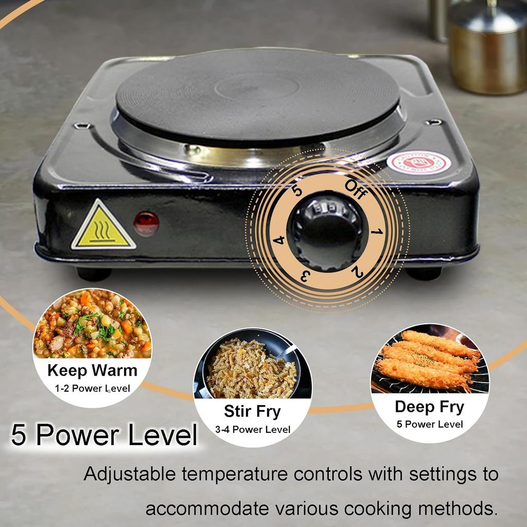 Electric Stove Top Burner,1000w Iron Single Burner,5 Temp Settings Portable Electric Hot Plate w/Indicator Lights and Easy to Clean,Cooking Stove