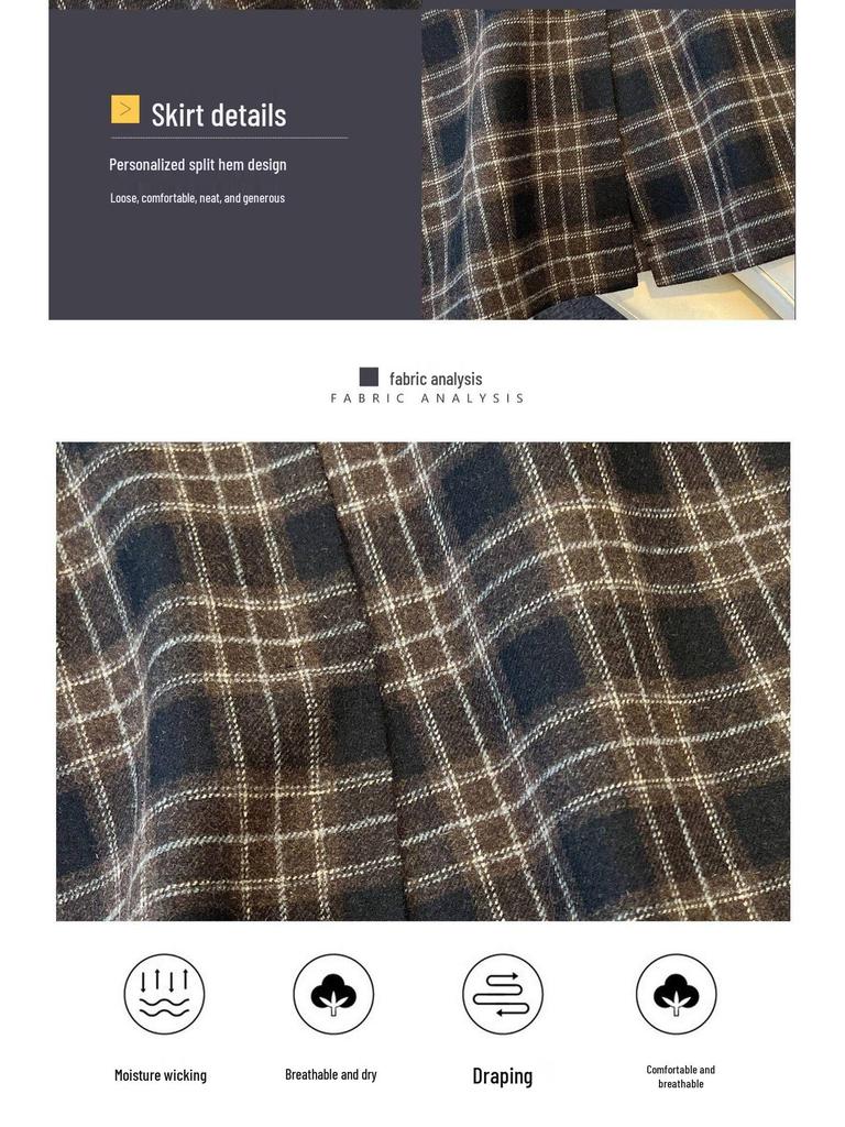 Women's Woolen Plaid High-Waisted A-Line Midi Skirt with Back Slit – 2025 Autumn/Winter Collection