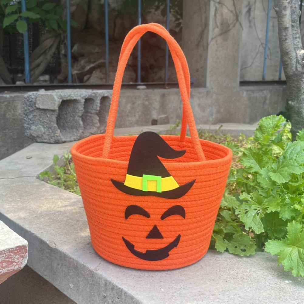 Halloween Candy Tote Basket with Witch Hat Pumpkin Tote Handbag Portable Gift Basket for Party Decorations