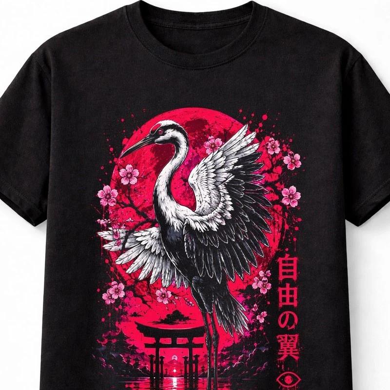 Japanese Crane Sakura Moon Graphic Black Unisex TShirt S