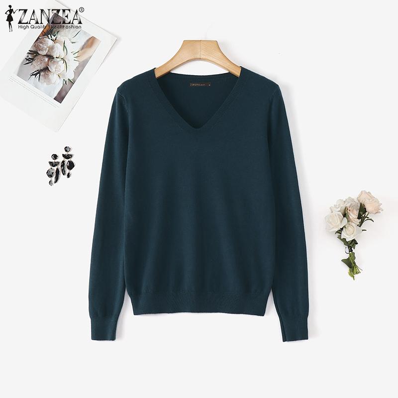 ZANZEA Autumn Spring Women V Neck Long Sleeve Stretch Casual Knitwear Sweater Undershirts