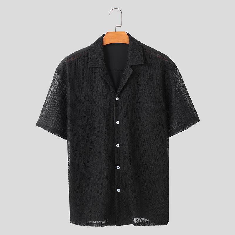 

INCERUN Мужские повседневные рубашки с коротким рукавом, кружевные, с ажурной вязкой крючком, в стиле пэчворк M чёрный