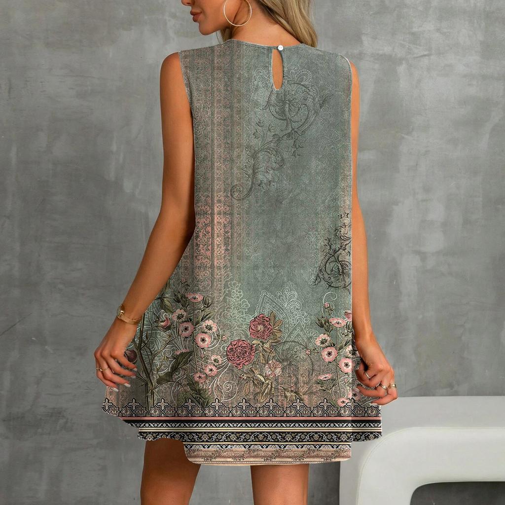 Damenmode Lässig Ärmellos Rundhals Rüschen Vintage Bedruckte Kleider