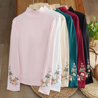 Autumn Winter Women's Velvet Undershirt Embroidered Loose Long Sleeve High Elasticity T-shirt