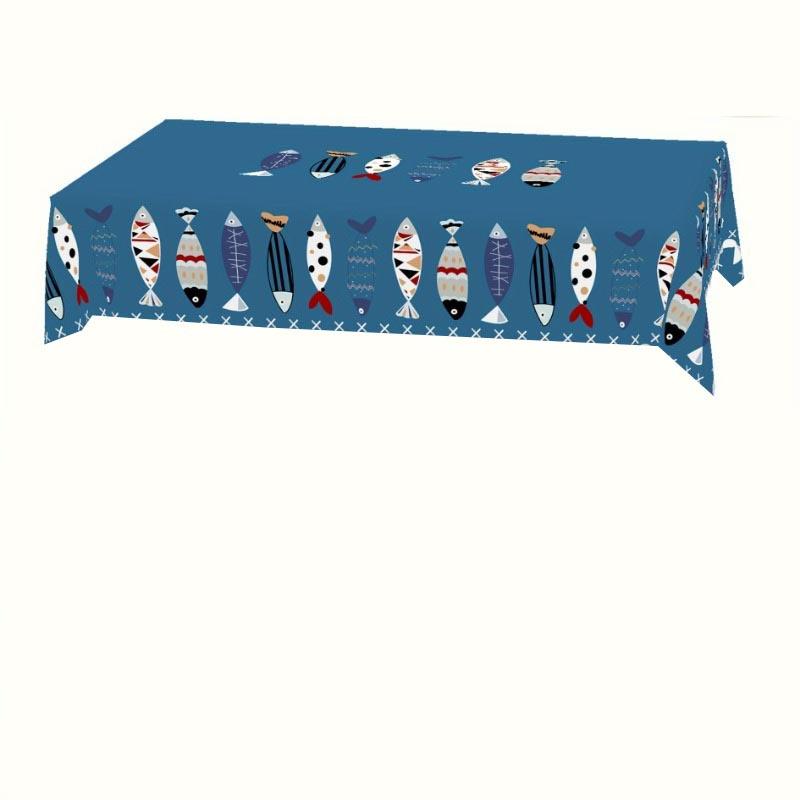 One vintage ocean-themed tablecloth - bright blue sandfish and nautical pattern, made of durable polyester