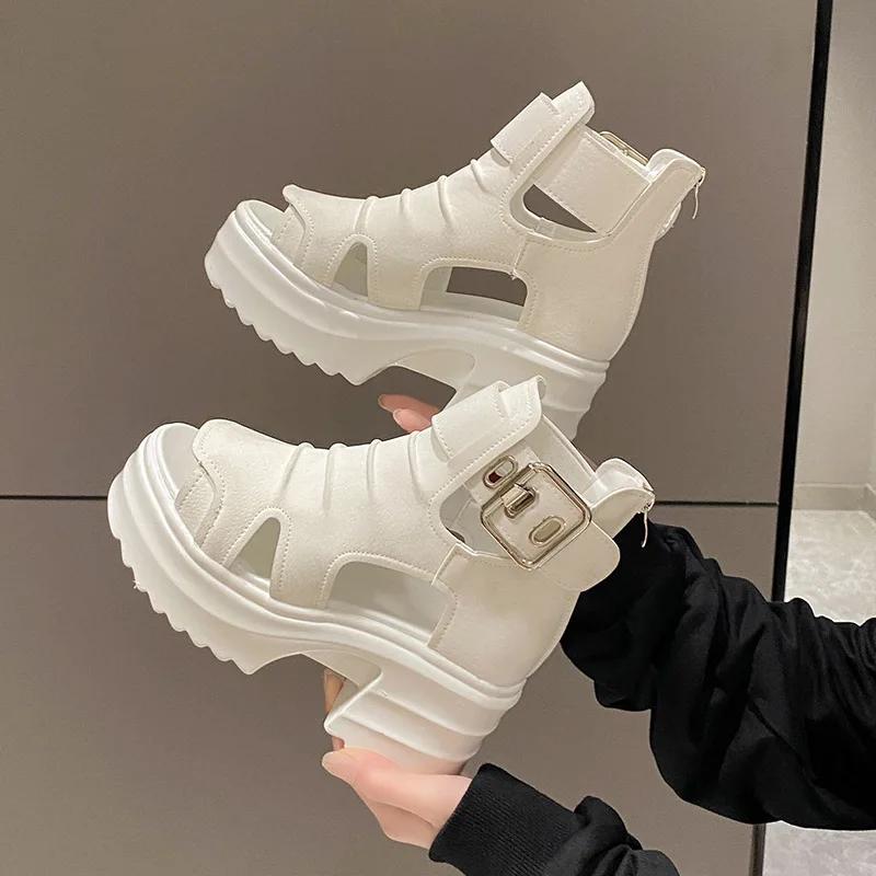 Platform Sandalias Female Hollow Fashion Sandals Boots Fish Mouth High Help Heel Summer Casual2024 Versatile Black Zapatos Mujer