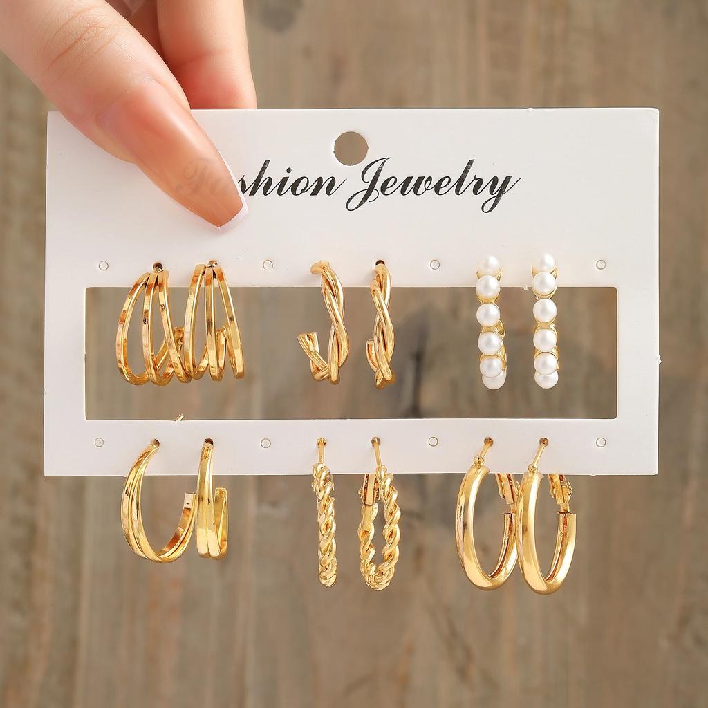 17KM Vintage Gold Color Hoop Earrings Set Pearl Metal Dangle Earrings for Women Crystal Twist Earrings Trendy Fashion Jewelry