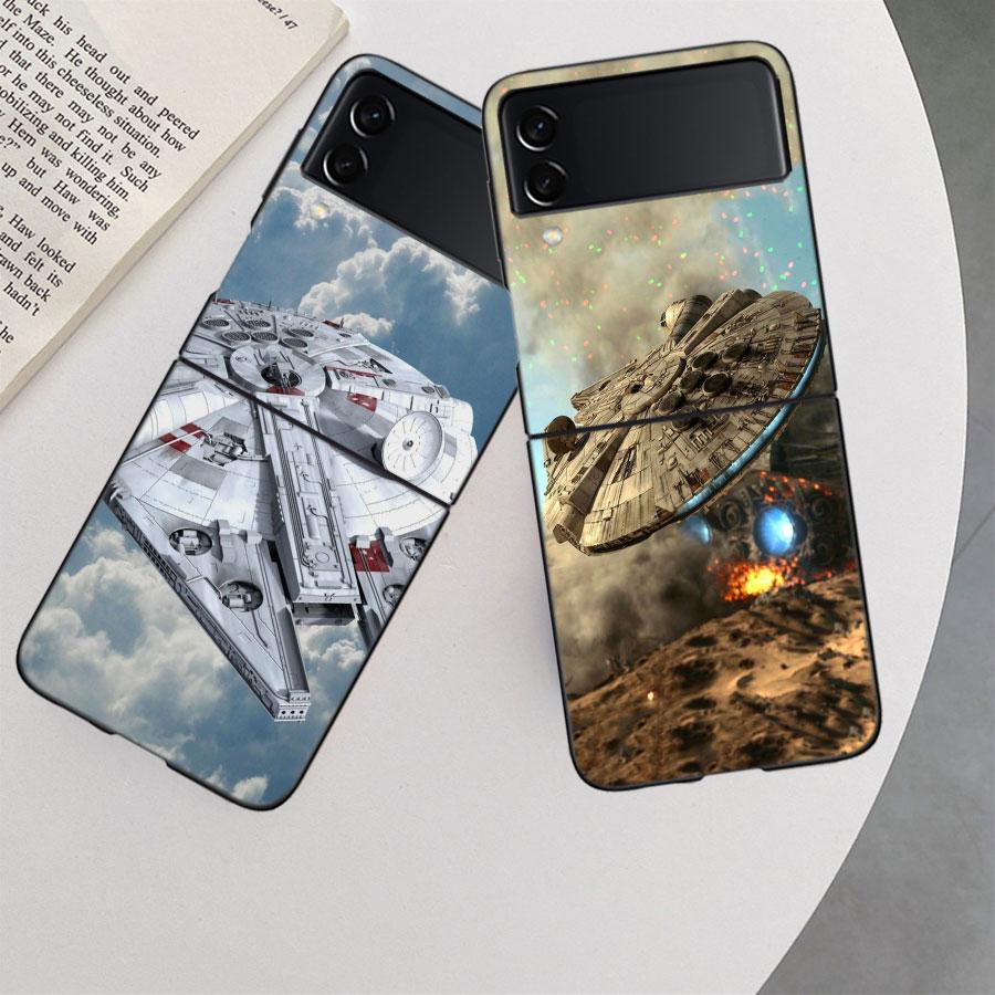Millennium Falcon in Space Phone Case For Samsung Z Flip 7 6 5G Galaxy Z Flip 5 4 3 Black Hard Cell Cover Luxury PC Shell Coque