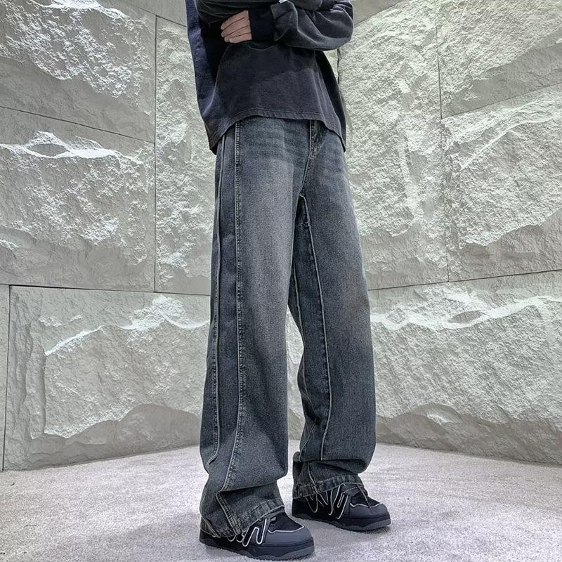 Vintage pants men's autumn ins trendy American high street niche pleated splicing loose straight jeans