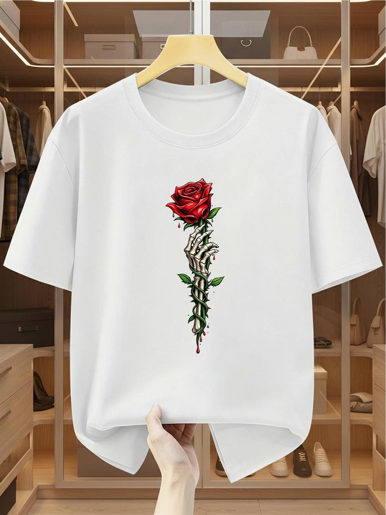 Men'S TShirt Skull Hand Holding Red Rose Print Casual Short Sleeve TShirt