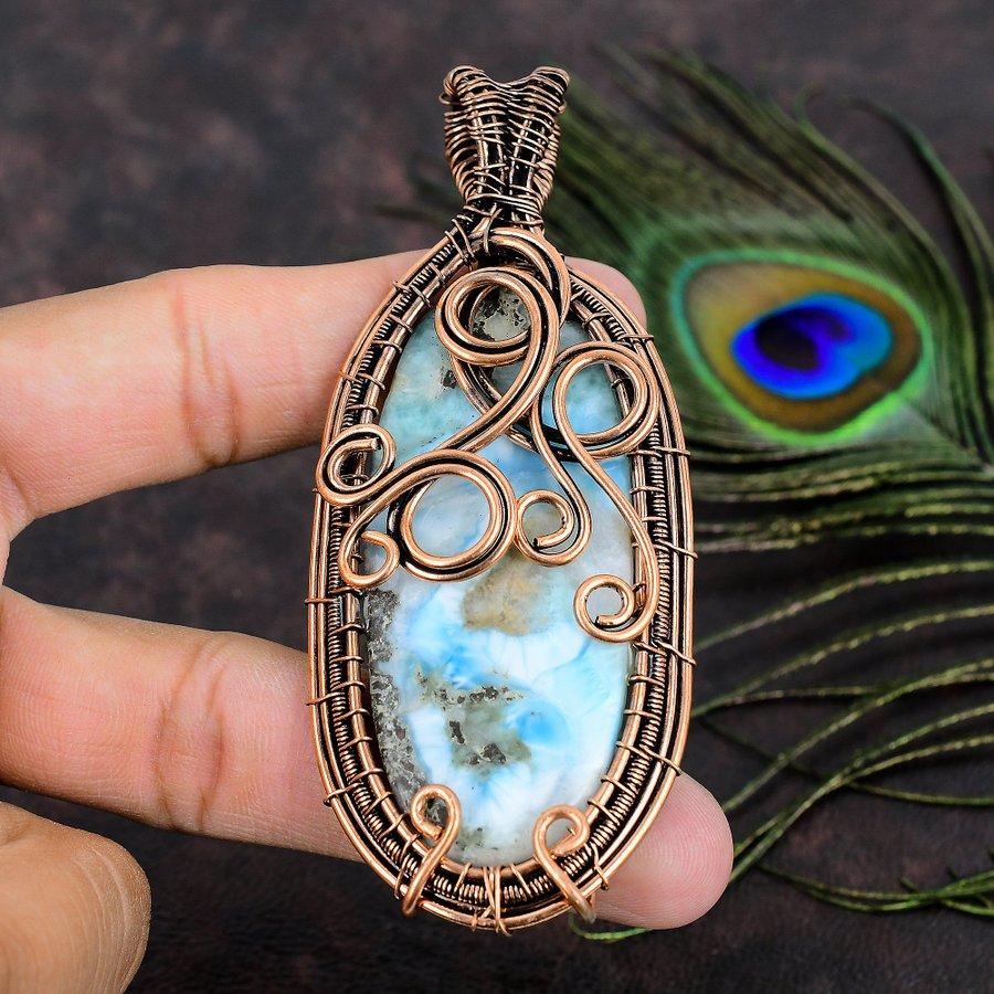 Natural Caribbean Larimar Gemstone Copper Wire Wrap Gift Pendant 3.86 o7S80
