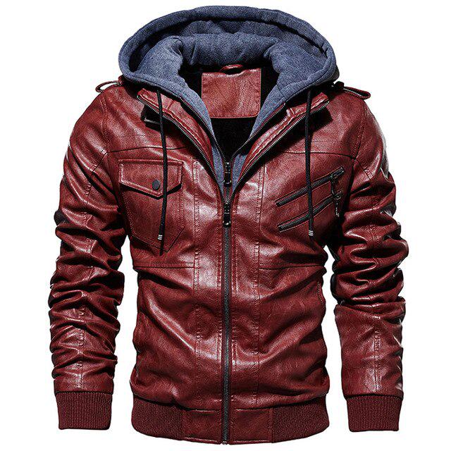 Autumn Winter Hooded Jacket Men Hat Detachable Motorcycle Biker Jackets Casual Pu Leather Coat