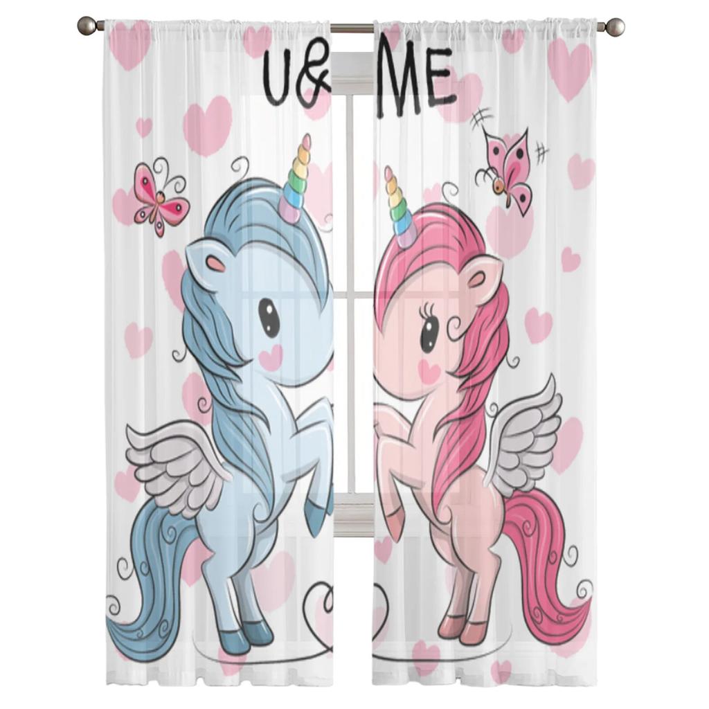 Animal Cartoon Unicorn Sheer Curtains for Living Room Bedroom Tulle Curtains Kitchen Window Treatments Panel Drapes