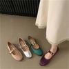 IPPEUM Ballet Flats Women Purple Satin Round Toe Mary Jane Shoes Buckle Silver Ballerina Flats