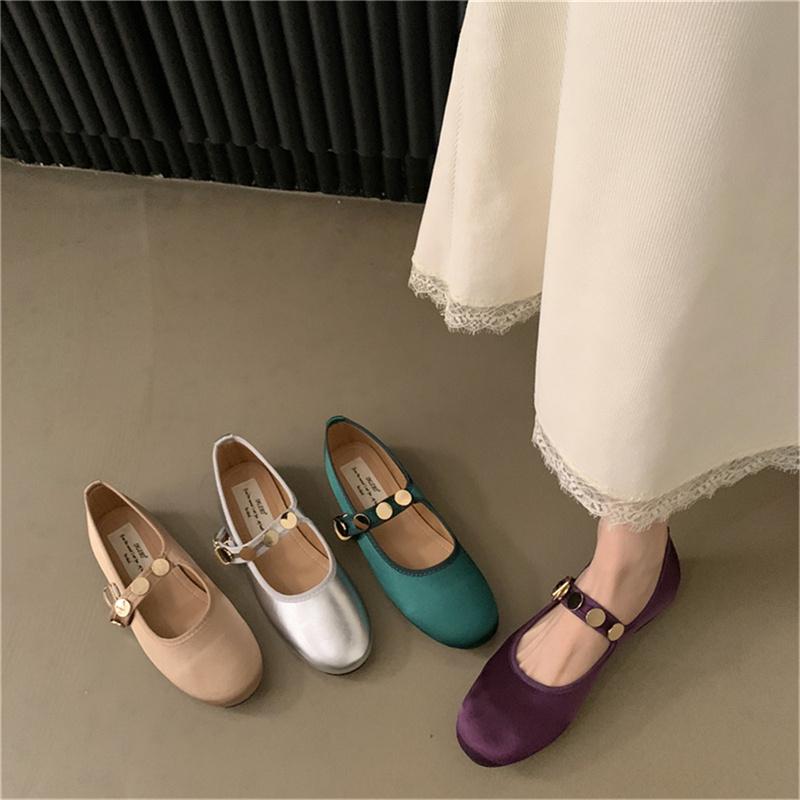 IPPEUM Ballet Flats Women Purple Satin Round Toe Mary Jane Shoes Buckle Silver Ballerina Flats