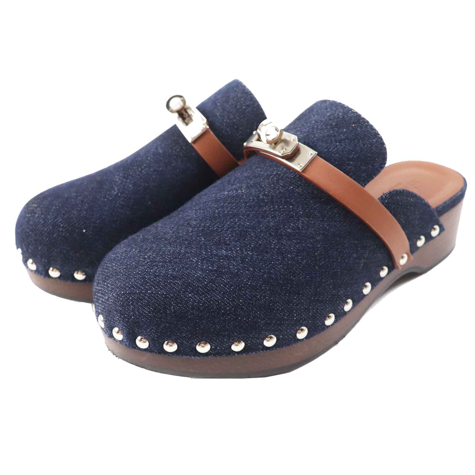 

Great HERMES Sandals Carlotta Kelly Buckle Sabot/Mule/ Indigo blue denim Women 35 Used