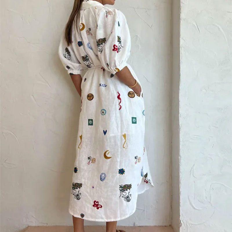 European & American Women's Printed Lapel Long Shirt Dress with Slimming Belt 661 for 2026