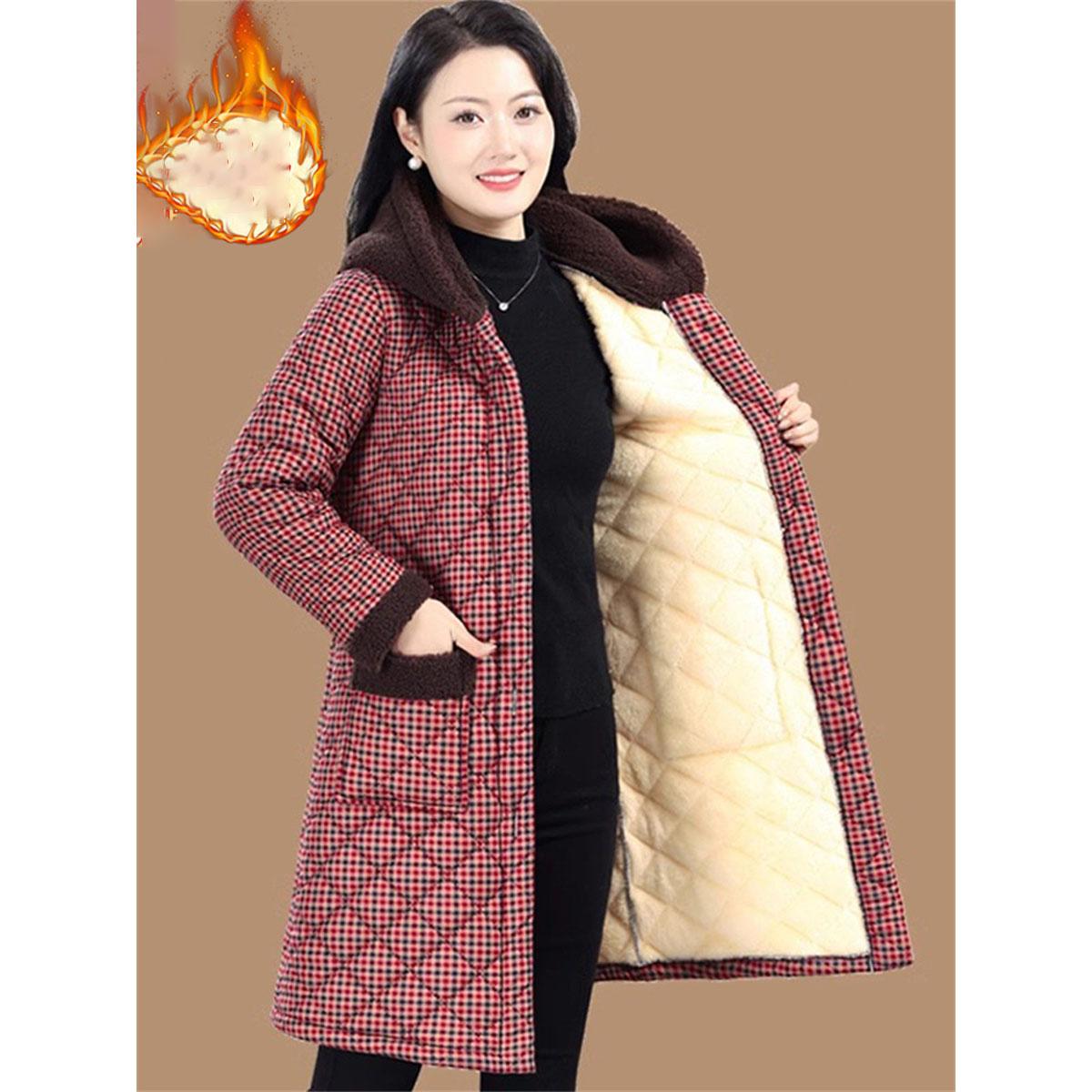 

Зимнее пальто Винтажное бархатное и утолщенное однобортное хлопковое пальто для женщин Приталенное хлопковое пальто на клипсах Теплая длинная парка Клетчатое пальто L красный