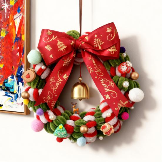Yousheng 1 Set Christmas Wreath Kit with Red Green Pipe Cleaner Bell Santa Reindeer Charm Ribbon DIY Handmade Xmas Tree Holiday Party Hanging Wreath